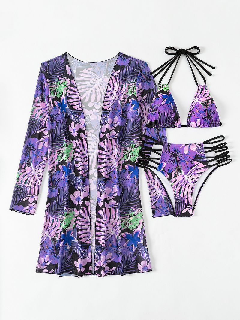 Damenbekleidung Badeanzug Damen Split Dreiteiliger Anzug Internet Celebrity Langarm Bedruckter Bikini Ins Badeanzug_voghion.com