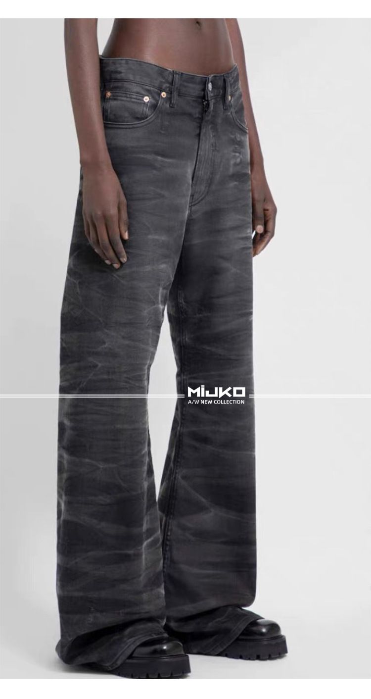 men's and women's washed distressed trousers, the same style for men and women, high street texture couple water rippled bootcut jeans_voghion.com