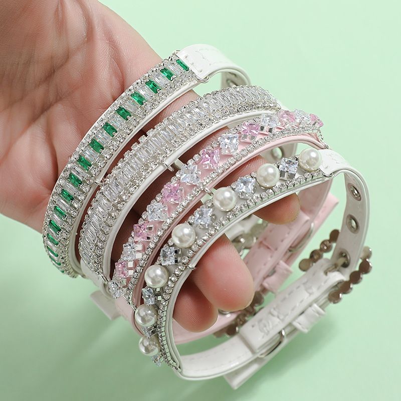 Set Pink Square Collar Small Cat Green Zircon Leash Dog Chain_voghion.com