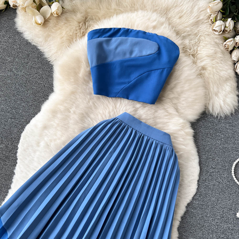 Women's Summer Contrasting Color Tube Top, Irregular Pleated Skirt, Trendy_voghion.com