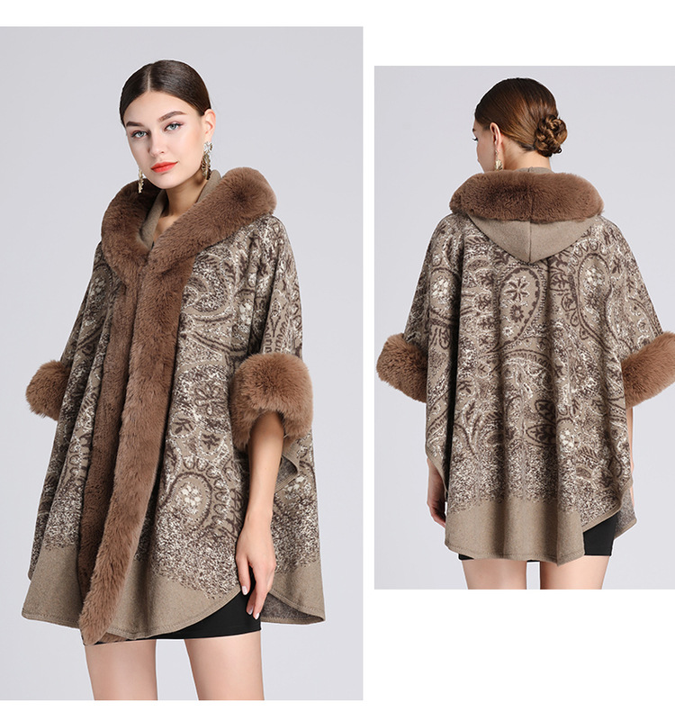 Cardigan in lana di grandi dimensioni con collo a scialle con cappuccio jacquard in pelliccia di coniglio rex di nuovo stile per donna_voghion.com