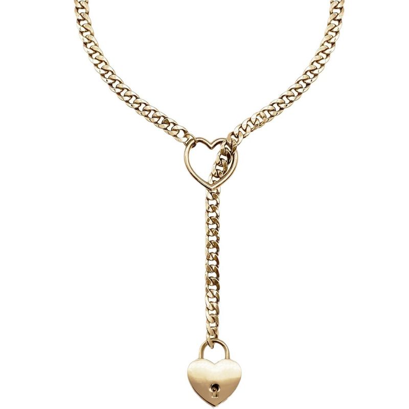 Collana lunga cubana punk rock con anello a forma di cuore in ottone placcato oro autentico, di tendenza hip hop e di tendenza._voghion.com