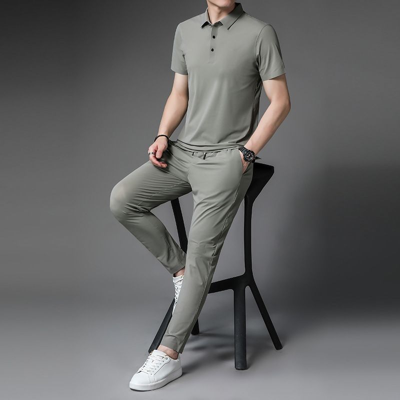 2025 Feel Running Sports Suit For Men Summer Thin Ice Silk Turn-down Collar T-shirt Men's Casual Set_voghion.com