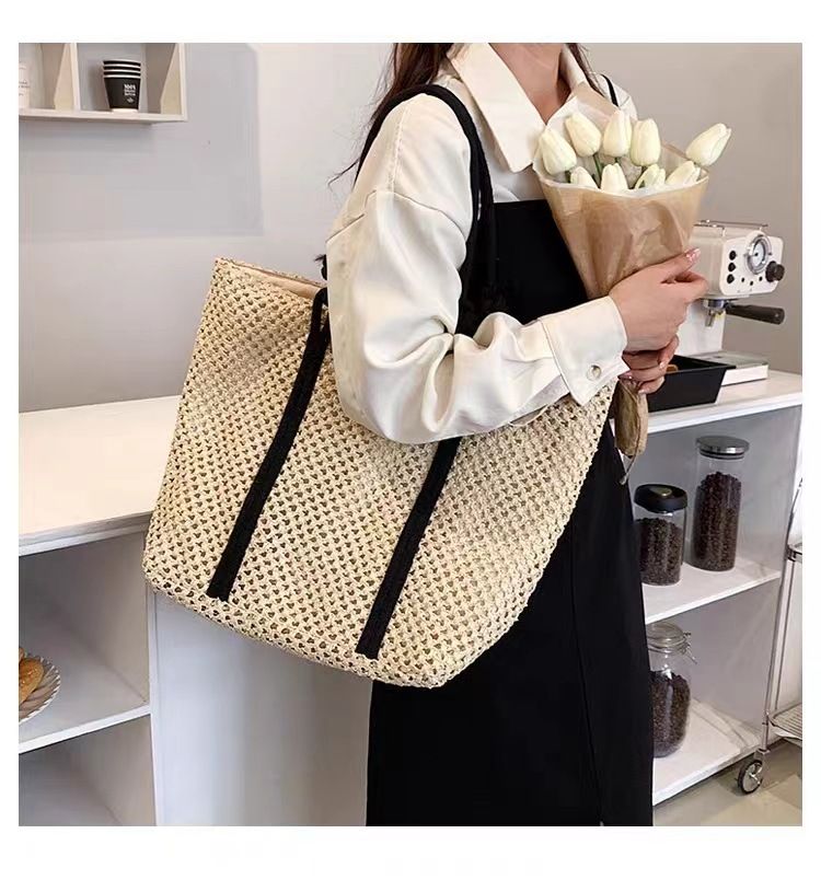 Borsa da spiaggia da donna casual, con tracolla in paglia, con fibbia, in corda di carta cava, grande capacità_voghion.com