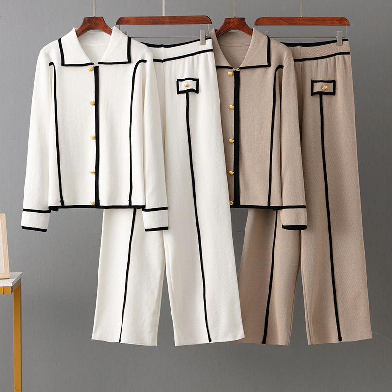 Knitted Autumn Winter Single-Breasted Polo Collar Sweater Casual Sports Wide-Leg Pants Two-Piece Set_voghion.com