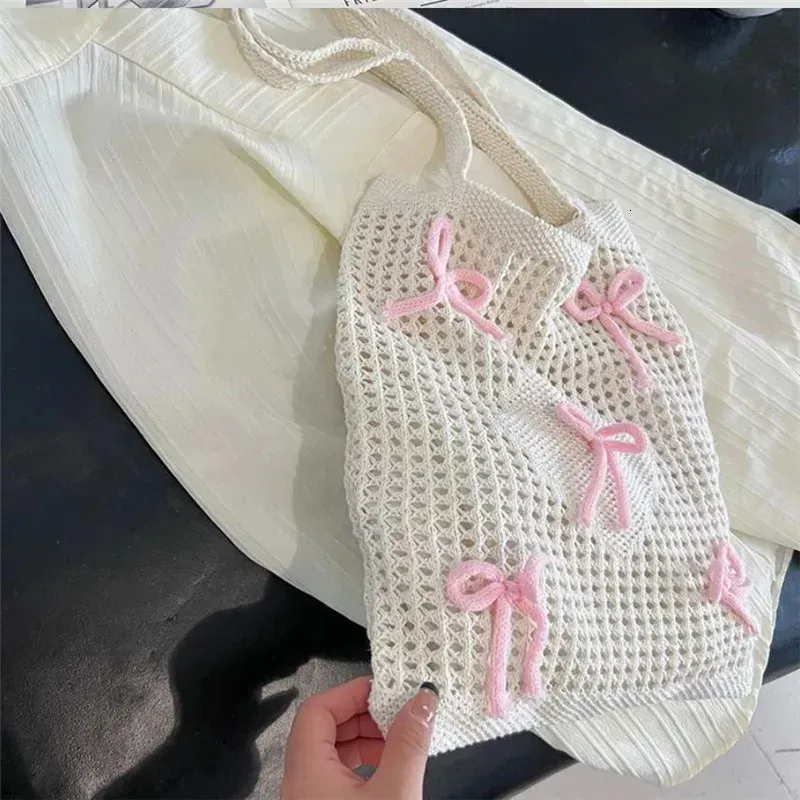 Preppy Style Crochet Tote With Butterfly Accents Solid Color Polyester Shoulder Foldable Fashion Beach Bag 250402_voghion.com