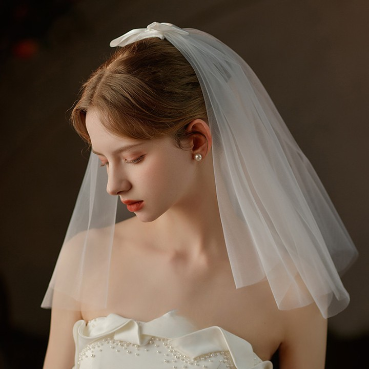 Velo da sposa Certificato di stile del matrimonio da sposa, copricapo con fiocco corto, certificato fotografico, velo_voghion.com