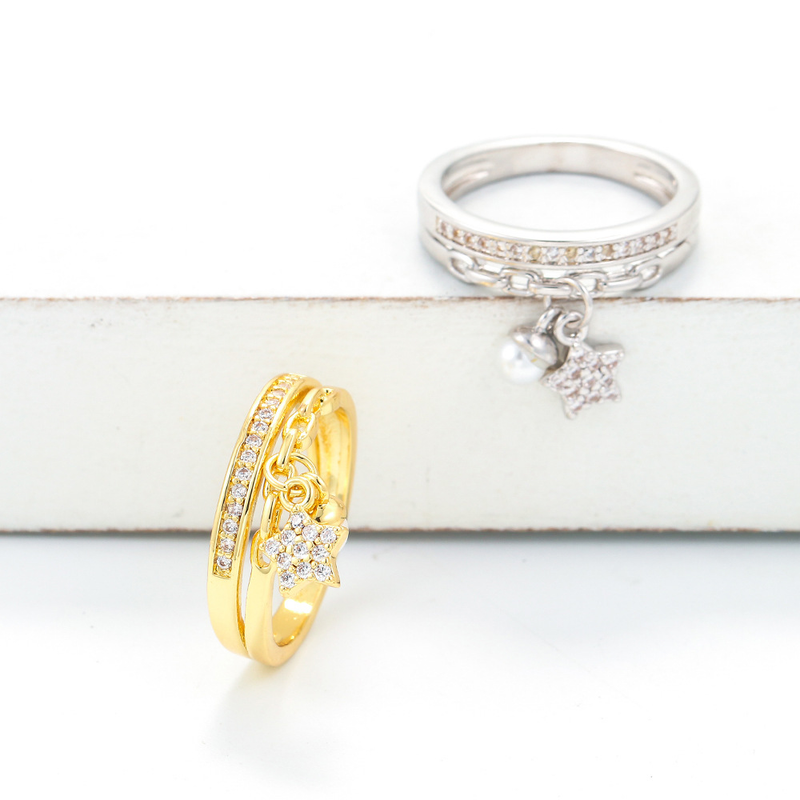 Sternring für Damen, doppellagiger offener Fünfsternring mit Diamanten, personalisierter modischer Handschmuck_voghion.com