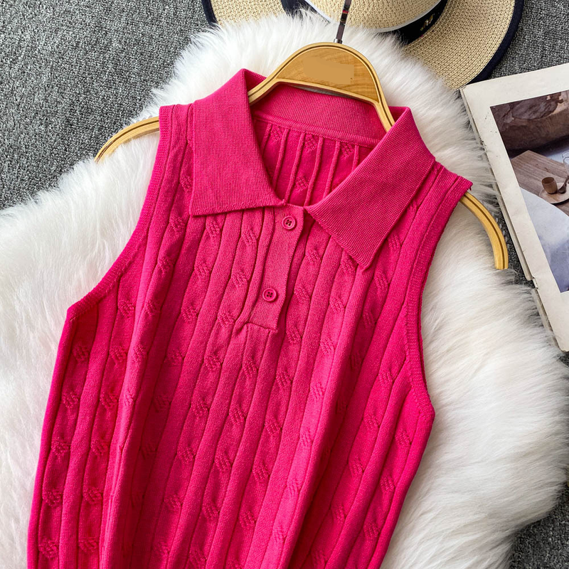 Women's Clothing Twisted POLO Collar Sleeveless Knitted Vest Slim Fit Two Button Casual Top_voghion.com