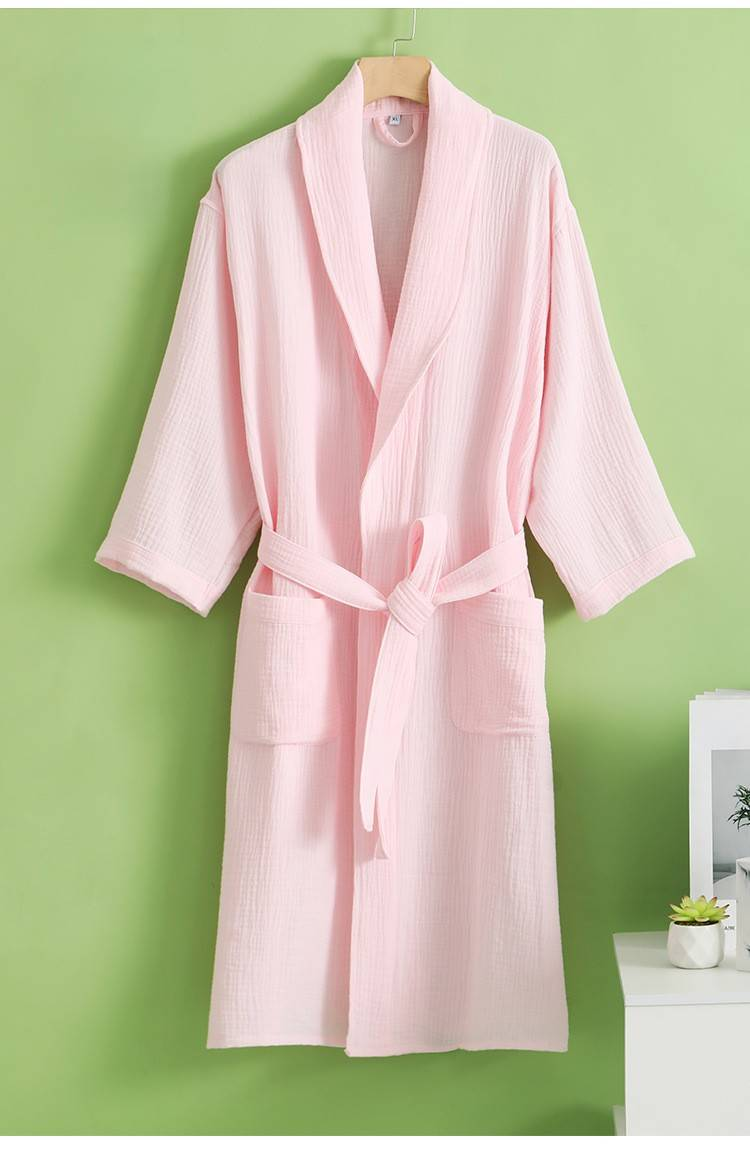 Summer Thin Bathrobe Double Layer Yarn Washed Cotton Adult Lapel Bathrobe Hotel Robe Absorbent Quick Drying Men And Women Pajamas_voghion.com