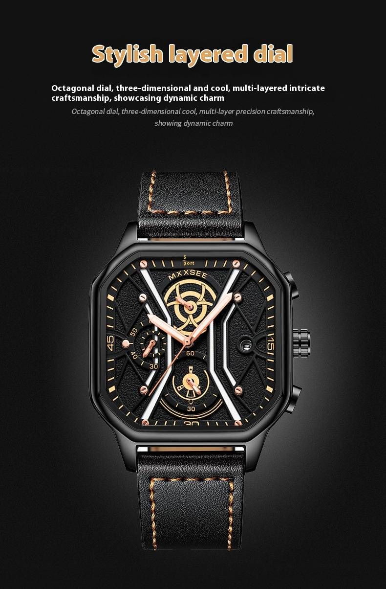 Orologio sportivo al quarzo da uomo con datario, lancette luminose, resistenza all'acqua fino a 30 m, cinturino in pelle, fibbia in acciaio inossidabile, vetro minerale._voghion.com