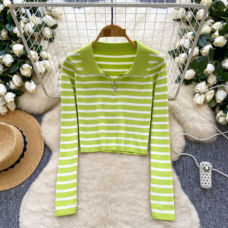 Maglione a maniche lunghe a righe minimaliste e larghe per donna, autunno, con cerniera corta, casual, tutto abbinato, tendenza_voghion.com