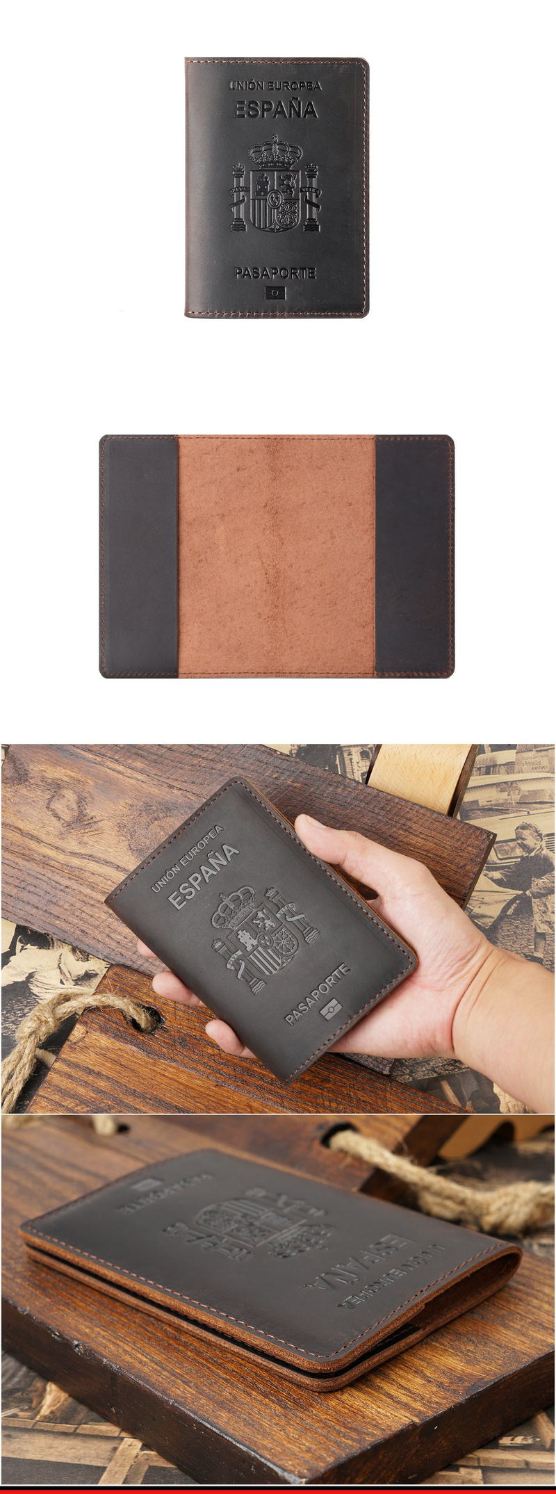 Fundas para pasaporte, porta pasaporte español, porta identificación, capa superior de piel de vaca, tarjetero retro para tarjetas de embarque, tarjetero, juego de libreta para pasaporte_voghion.com