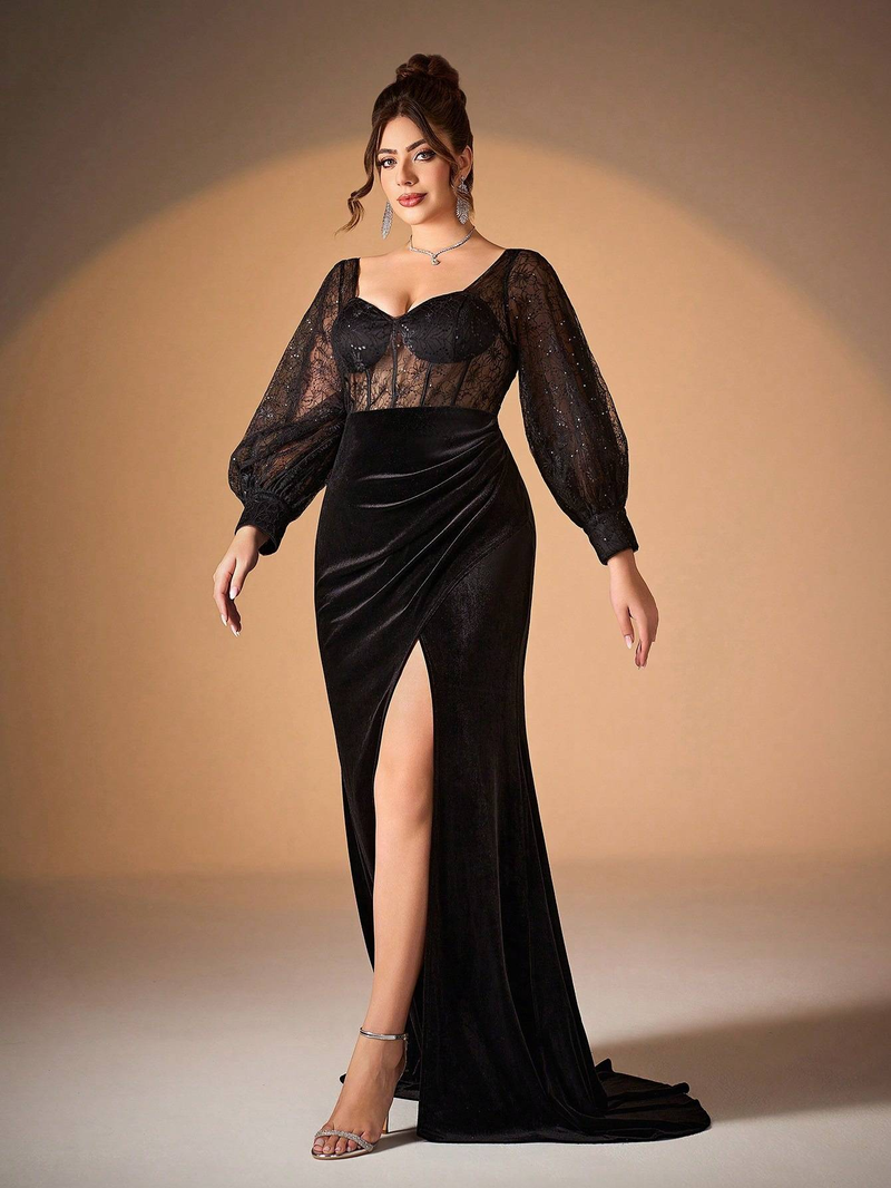 Elegantes, langärmliges, transparentes Abendkleid mit hohem Schlitz und tiefem V-Ausschnitt für Damen – perfekt für Sommerpartys, Geburtstage und Veranstaltungen_voghion.com