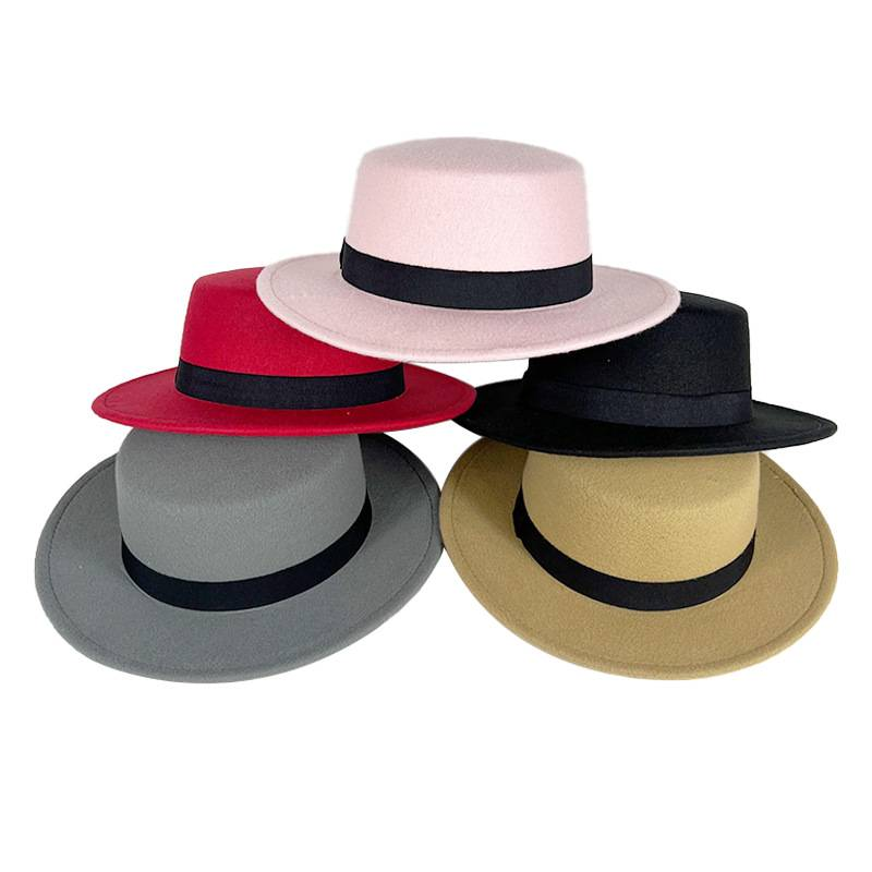 Cappello piatto in lana nera, cappello a tesa piatta, cappello a forma di feltro, cappello da cowboy in lana alla moda per autunno e inverno_voghion.com