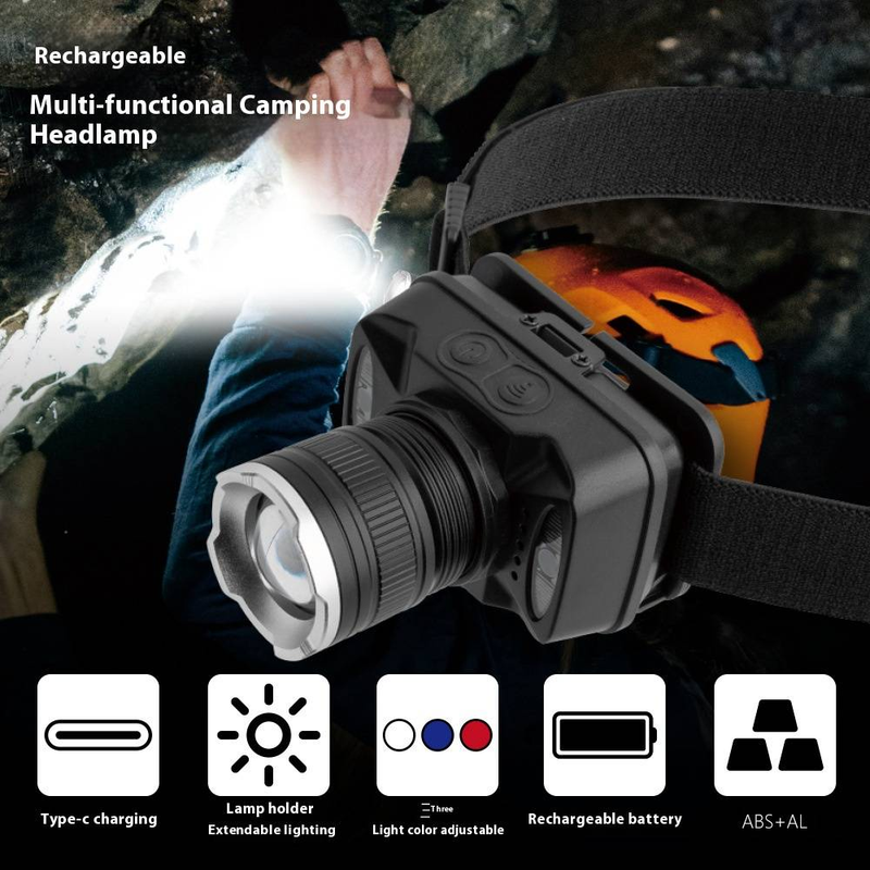 Rechargeable LED Headlamp With Adjustable Focus, 50-200m Beam Distance, 3-12H Runtime, Waterproof For Outdoor Fishing, Mining, Camping_voghion.com