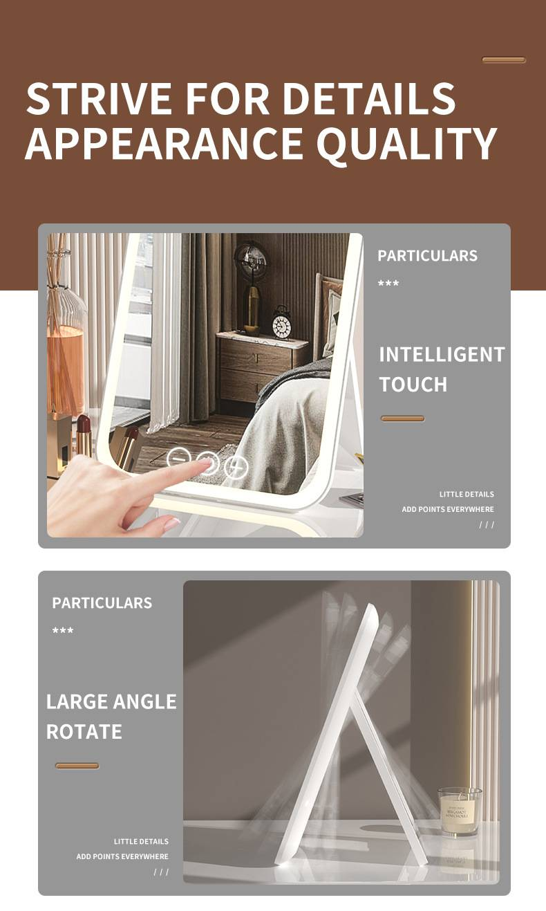 Faltbarer LED-Kosmetikspiegel mit 3-farbigem Licht und Touch-Steuerung – tragbarer Schminkspiegel für Zuhause, unterwegs und als Geschenk (weiß/pink, über USB wiederaufladbar)_voghion.com