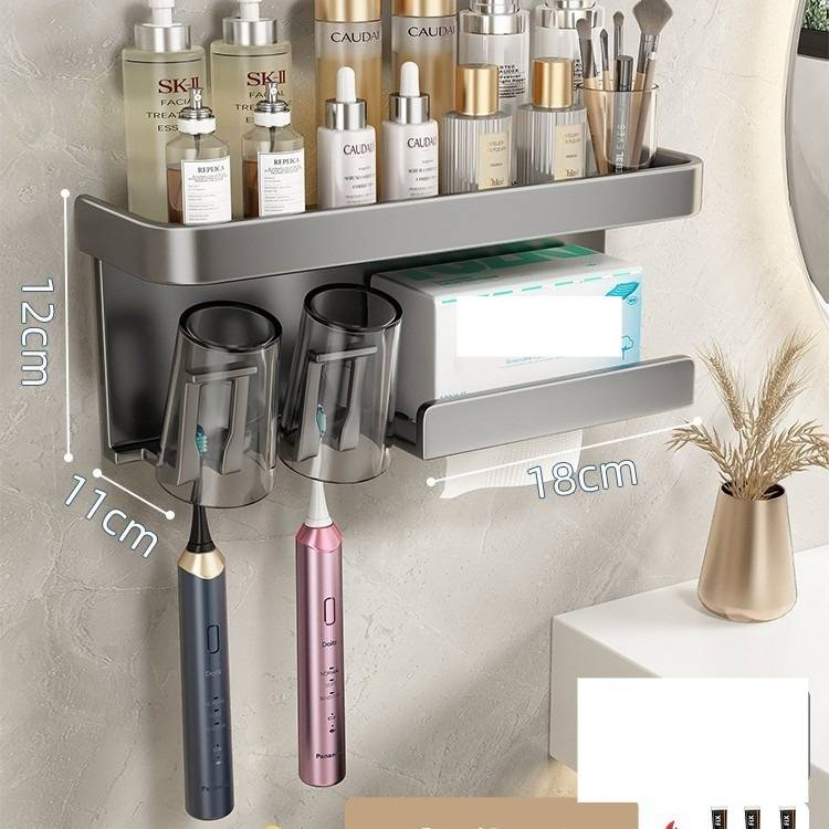 Gun Grey Wall-Mounted Toothbrush Holder With Detachable Toothpaste Squeezer & Matching Cups - Space-Saving Bathroom Organizer For Family Of 2/3/4_voghion.com