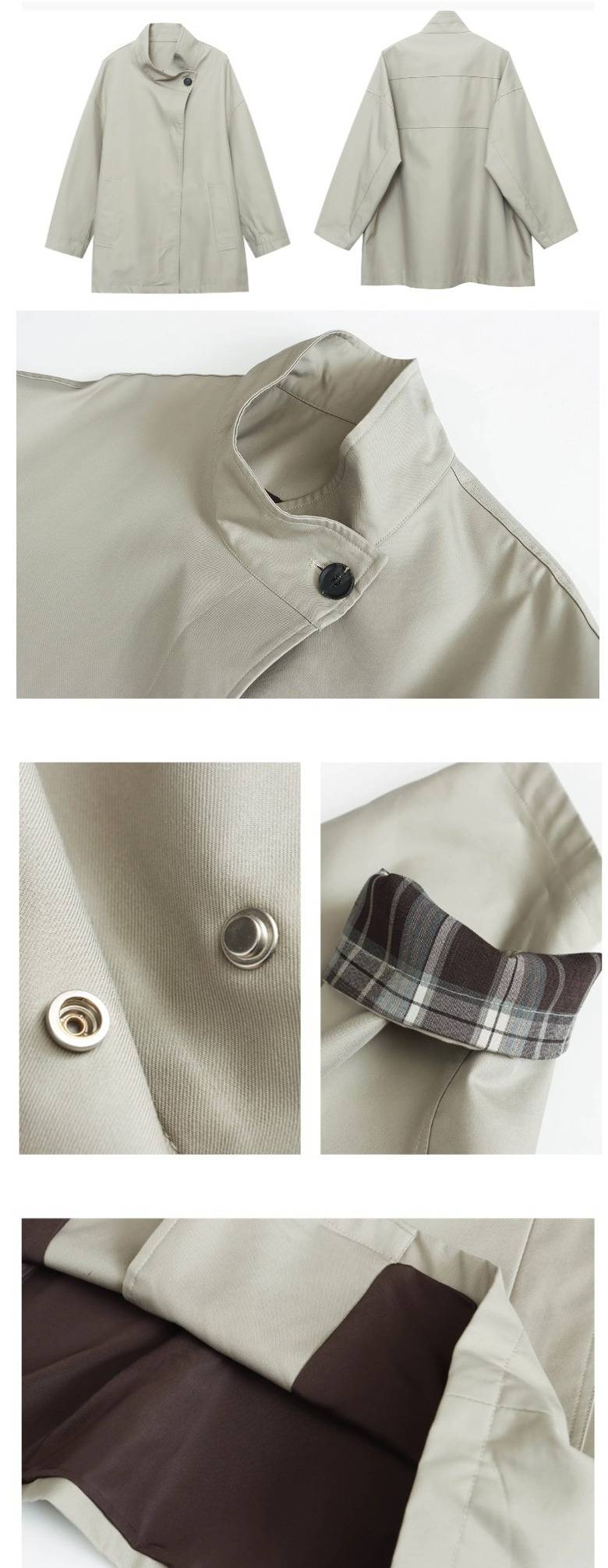Retro British Style Petite Trench Coat - Checkered Collar Contrast Color Blending Mid-Length Coat For Women, Casual Office Wear_voghion.com