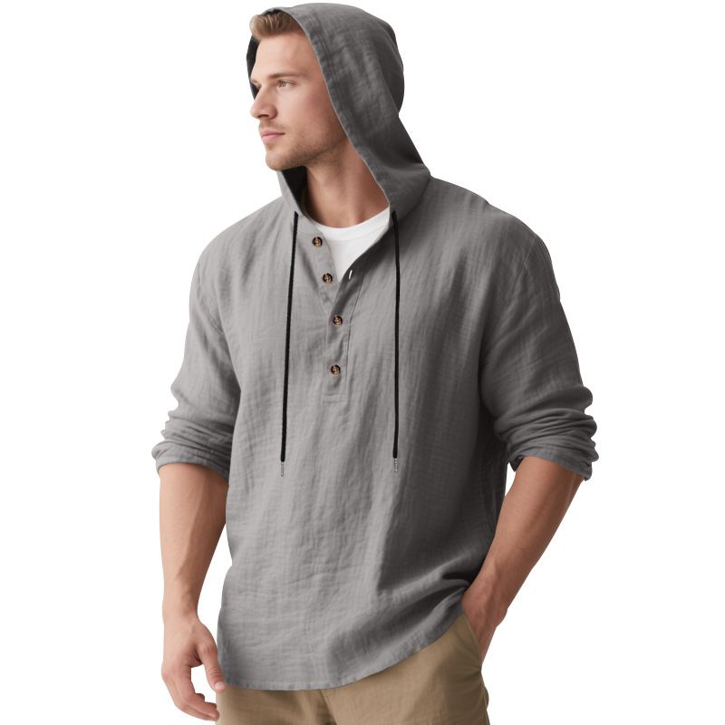 Lente en herfst lang mouwen linnen overhemd heren capuchon casual losse T-shirt trui heren_voghion.com
