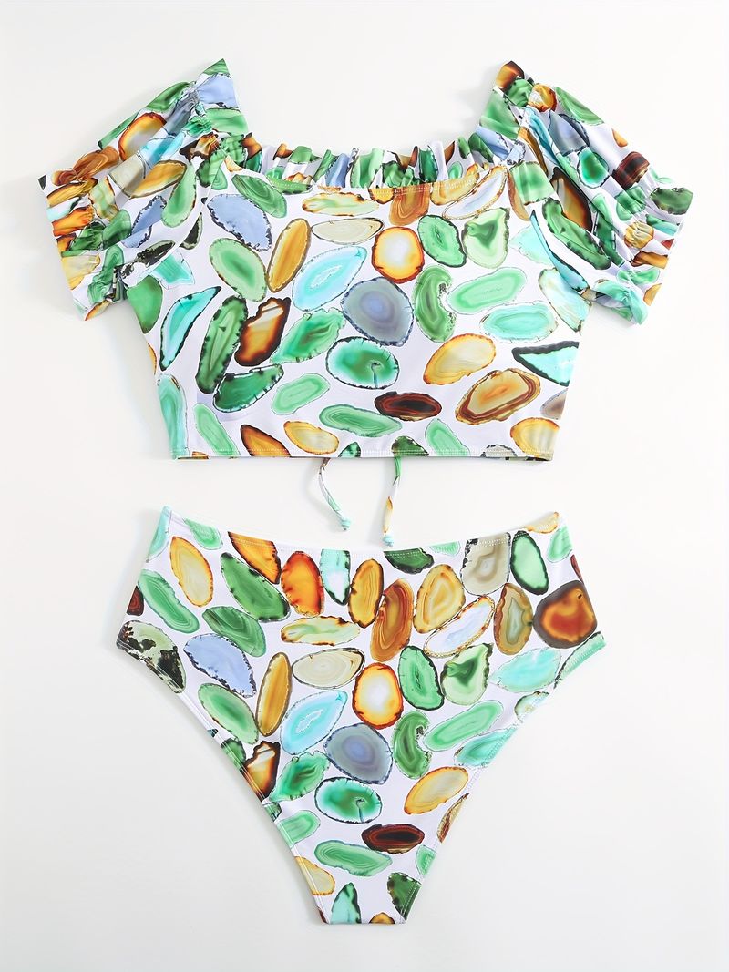 Floral Print Plus Size Bikini Set - Elegant Puff Sleeve Swimwear For Women (High Waist Adjustable Ties Upf 50+)_voghion.com