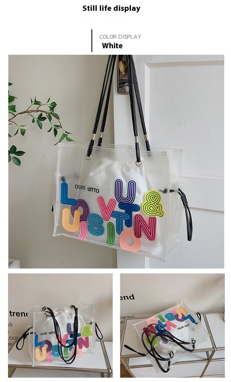 Borsa a tracolla trasparente estiva di grande capacità per donna 2024 Borsa grande portatile da donna in PVC stampato con lettera alla moda_voghion.com