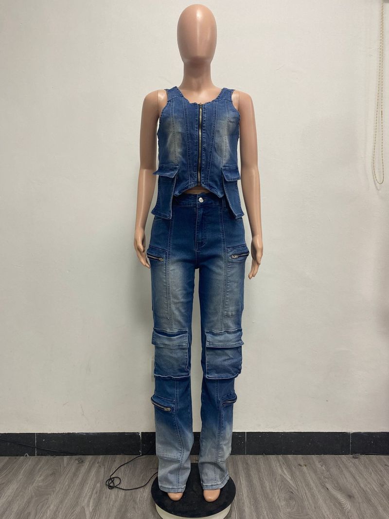 Sieviešu apģērbi Modes brīvā laika pavadīšanas Jauns vairāku kabatu platu kāju retro veste uzvalks_voghion.com