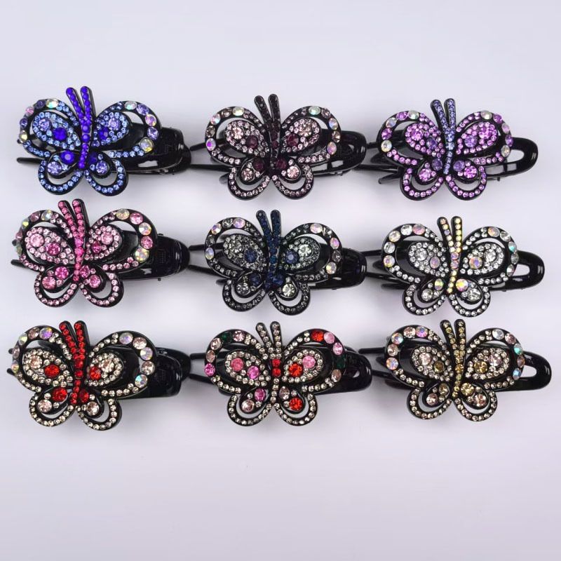Fermaglio a becco d'anatra con strass per acconciatura raccolta, elegante fermaglio per capelli in stile coreano con design a farfalla con strass, fermaglio a tre denti, forcina per capelli._voghion.com