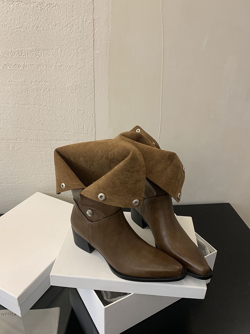Damenschuhe Stiefeletten Herbst Neue Stiefel aus weichem Leder in geriebener Farbe Metall versteckte Schnalle kann gefaltet werden Zwei Tragemöglichkeiten Retro-Ritterstiefel mit dickem Absatz_voghion.com