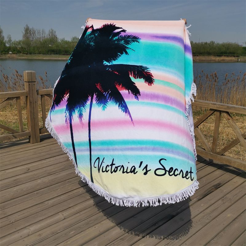 Asciugamano da spiaggia rotondo con stampa attiva, motivo palma da cocco hawaiano, in velluto tagliato, assorbente, in cotone spesso e con nappe_voghion.com