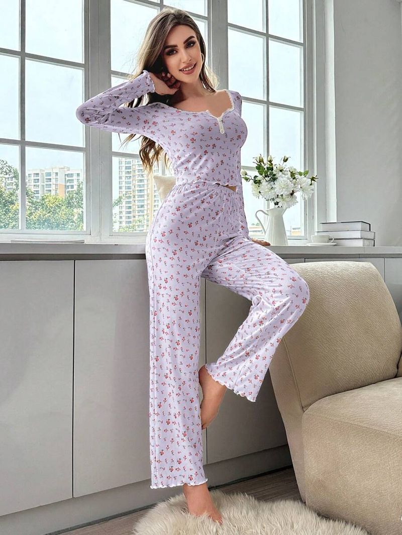 Ensemble de pyjama côtelé pour femme - Pyjama sexy à manches longues et col en V (2 pièces) pour toutes les saisons_voghion.com