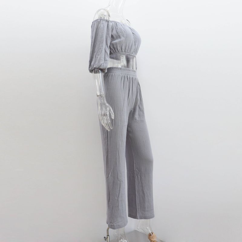 Damen-Knitterstoff aus reiner Baumwolle, einfarbig, kurzärmliges Oberteil mit Kragen, Hose mit hoher Taille und weitem Bein, lässiger Anzug_voghion.com