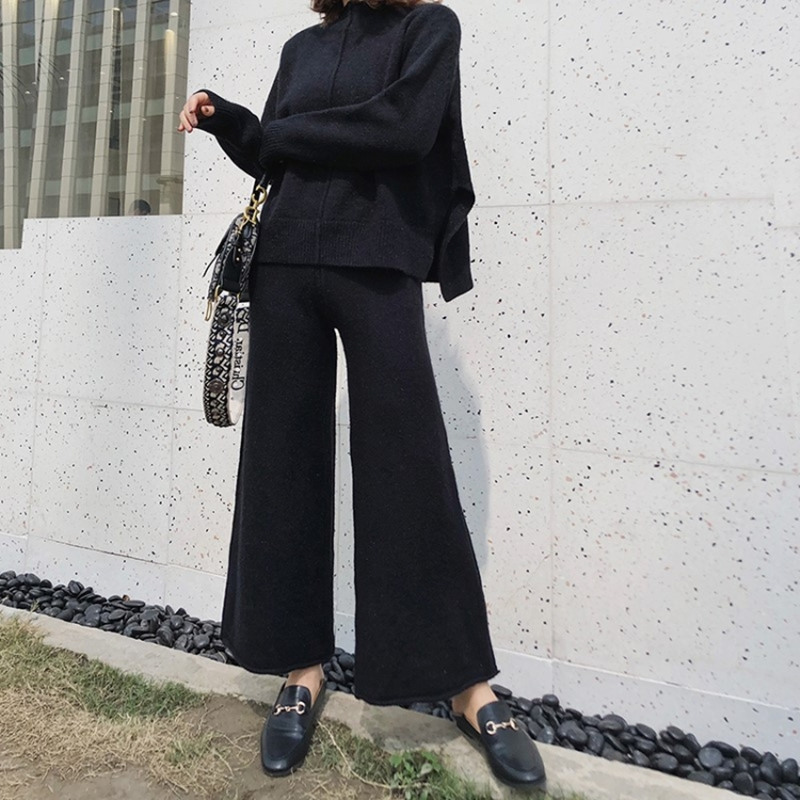 Women's casual wide-leg pants, stylish fashionable knitted sweater, loose two-piece suit for women_voghion.com