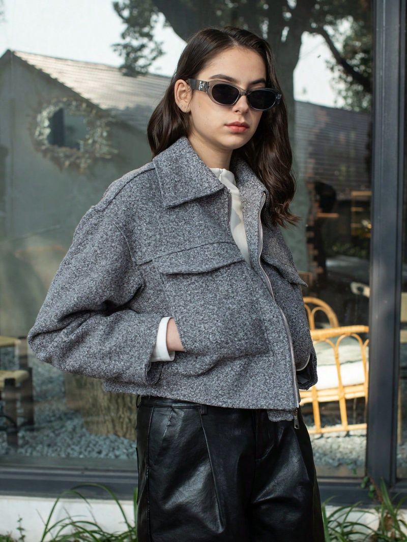 Women’s Cropped Faux Suede Jacket – Oversized Streetwear Coat With Stand Collar, Slim-Fit Stretch Polyester For Casual Layering_voghion.com