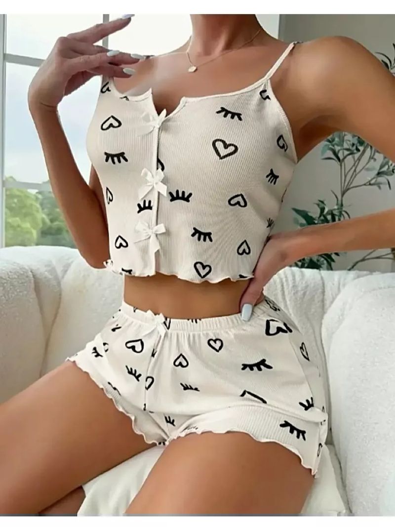 Pigiama da donna con stampa a ciglia a forma di cuore, bretelle con scollo a V e pantaloncini_voghion.com