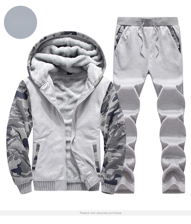 Conjunto casual esportivo de pelúcia masculino de outono e inverno, capuz de camuflagem masculino, suéter quente espesso, conjunto de duas peças_voghion.com