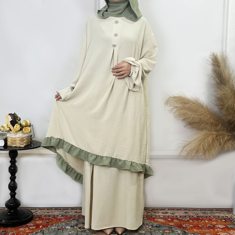 Women's Clothing Solid Color Ruffled Burkha Two Piece Set_voghion.com