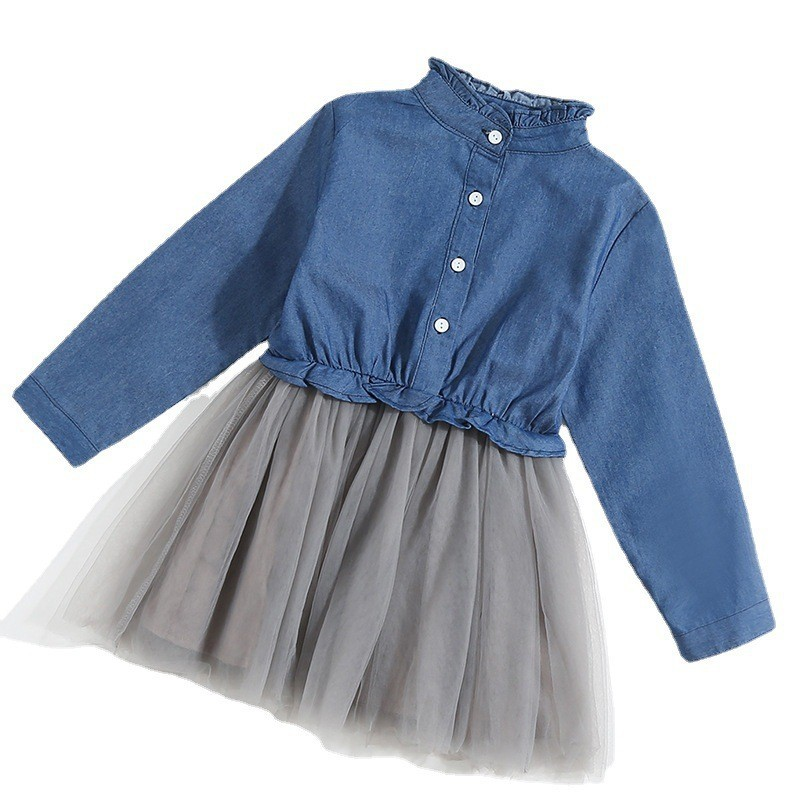 Robe en denim à la mode pour fille, avec taille nouée et jupe de princesse rouge en maille, à la mode, automne/hiver, 2023_voghion.com