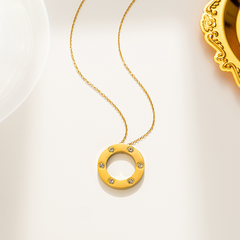 Stainless Steel Six Zircon Hollow Circle Fashion Style Men Chain Necklace For Women Jewelry Collar Pendant Friends Gifts_voghion.com
