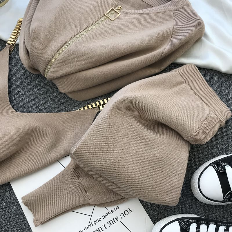 Dammekleedung modesch gestréckte V-Hals Pullover + Casual Hosen Zwee-Stéck Set_voghion.com