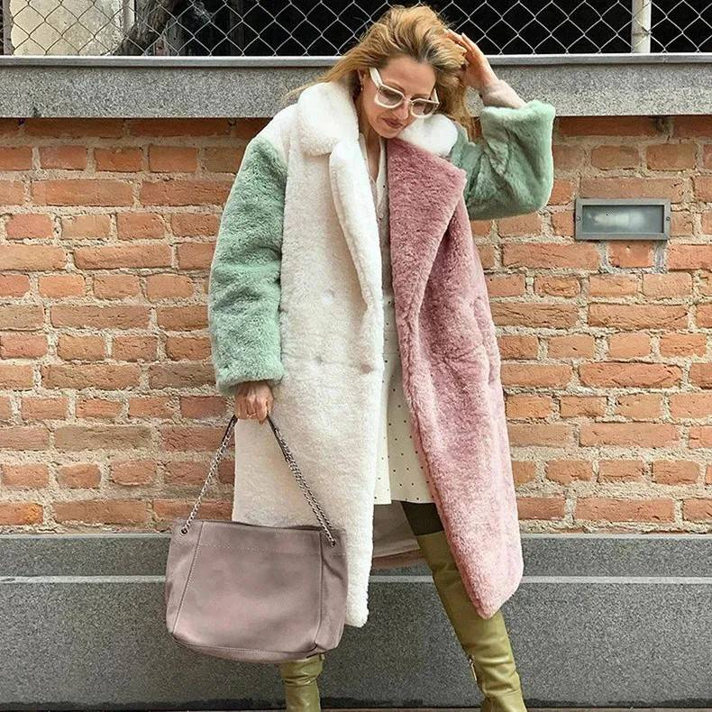 Cappotto lungo in pelliccia di coniglio Rex color block da donna, autunno e inverno_voghion.com