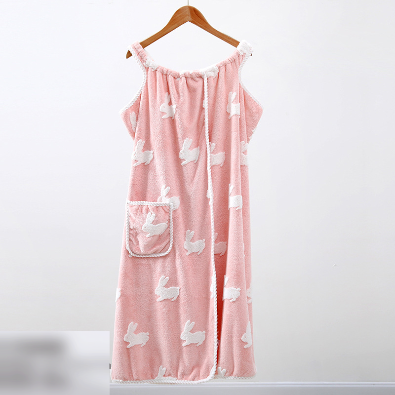 Serviette de bain en jacquard polaire motif lapin de dessin animé, bonnet de douche, peignoir, ensemble de six pièces pour femme_voghion.com