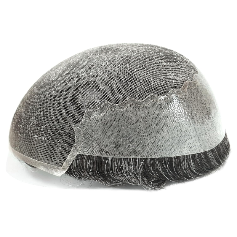 Q6 Toupet für Männer, 100 % Echthaar, I französische Spitze vorne, Poly-Haut, gebleichtes Haarersatzsystem, Männerperücken, Schwarz mit 40 % Grauanteil, #1B40_voghion.com