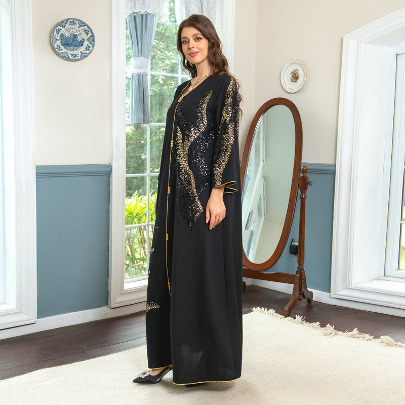 Langärmliges, mit Pailletten besticktes, lockeres Damenkleid für muslimische Frauen_voghion.com