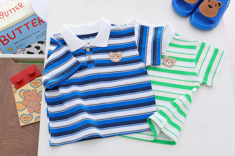 Children's Striped Embroidered Teddy Bear Short Sleeved Set, Trendy 1-4 Year Old New 2024 Summer Boys' Clothing_voghion.com