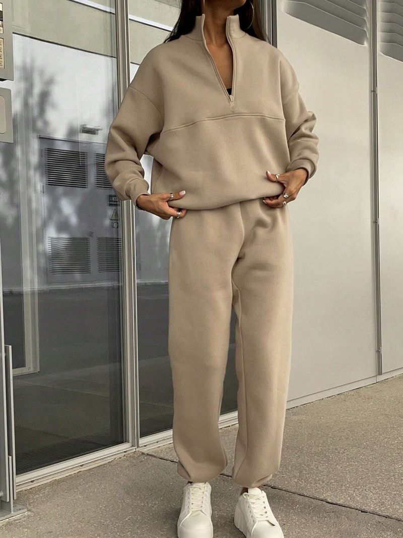 Pantaloni casual da donna, set autunnali, pullover larghi, cerniere, maniche lunghe, tuta da donna, vita elastica, pantaloni solidi, set coordinati_voghion.com