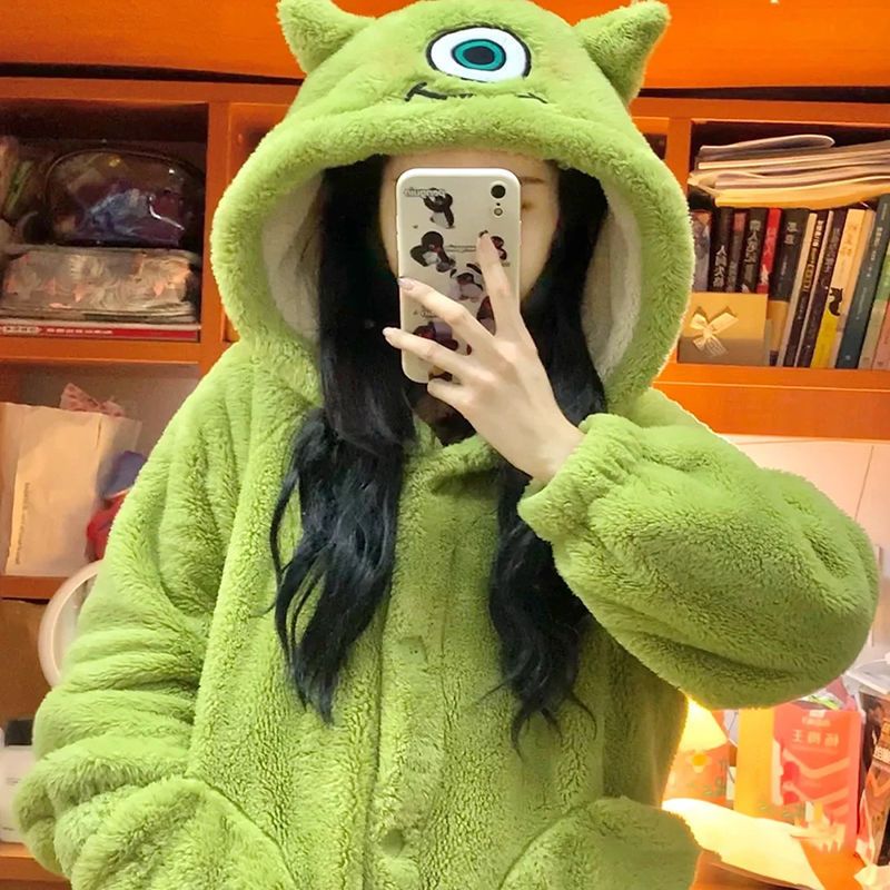 Cute big-eyed hooded coral fleece pajamas for women 2023 new winter single-eye monster nightgown home wear winter_voghion.com