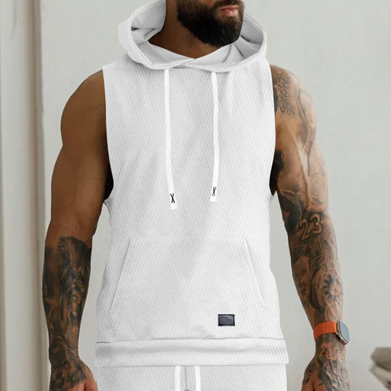 Felpa con cappuccio in maglia jacquard casual da uomo, senza maniche, con tasca applicata e coulisse_voghion.com