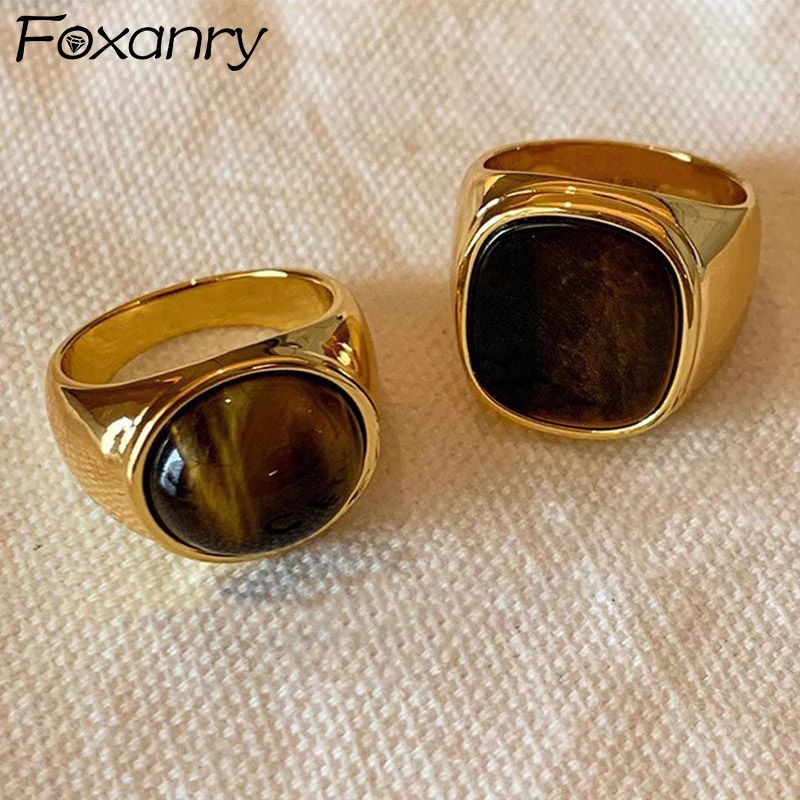 Hot Sales Foxanry Gold Color Tiger's Eye Rings For Women Couples Creative Personality Vintage Simple New Fashion Birthday Jewelry_voghion.com
