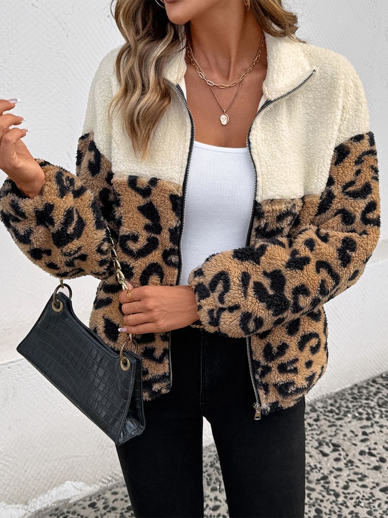 Damenmantel aus Kunstpelz mit Leopardenmuster – Übergroße Winterjacke mit Stehkragen für einen mutigen Stil (Beige, S-XL)_voghion.com